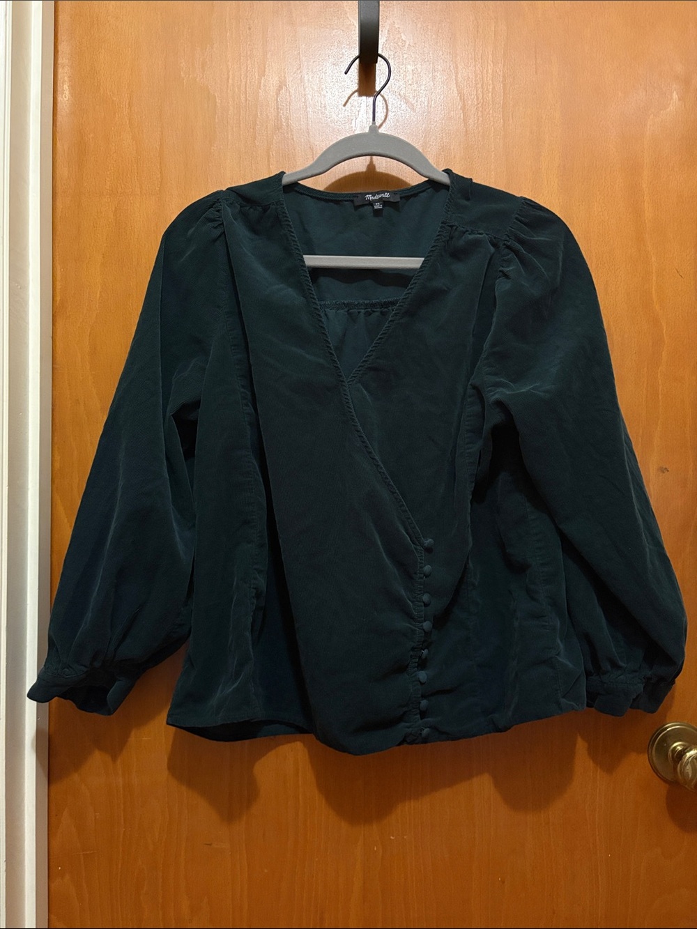 Madewell Dark Green Corduroy Wrap Blouse with Button Front and Snap Closure